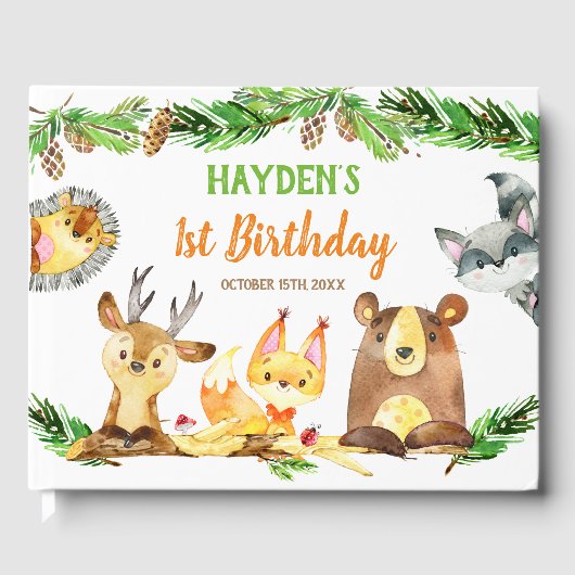 かわいいウッドランド森林生き物の水彩誕生日 ゲストブック (正面)