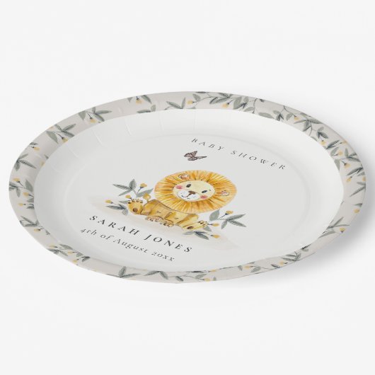 かわいいウッドランド水彩獅子葉赤ちゃんシャワー ペーパープレート (アングル)