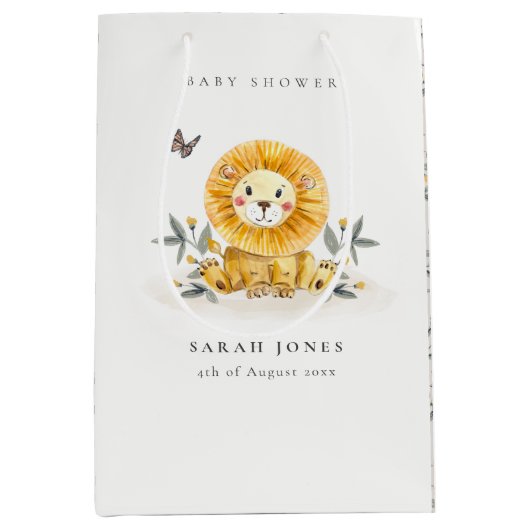 かわいいウッドランド水彩獅子葉赤ちゃんシャワー ミディアムペーパーバッグ (正面)