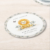 かわいいウッドランド水彩獅子葉赤ちゃんシャワー ラウンドペーパーコースター (アングル)