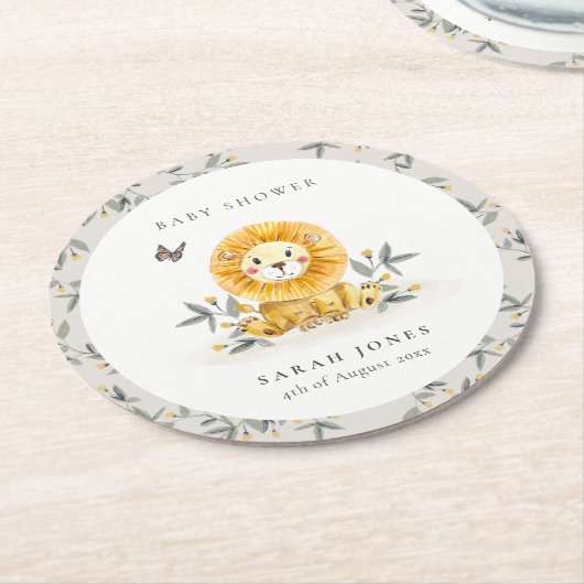 かわいいウッドランド水彩獅子葉赤ちゃんシャワー ラウンドペーパーコースター (アングル)