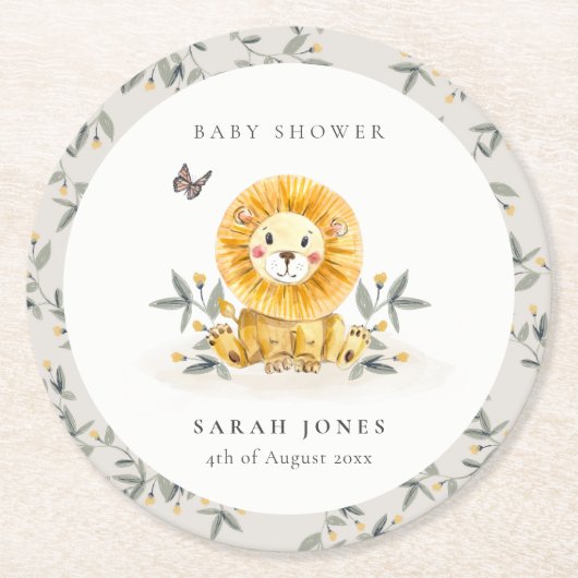 かわいいウッドランド水彩獅子葉赤ちゃんシャワー ラウンドペーパーコースター (正面)