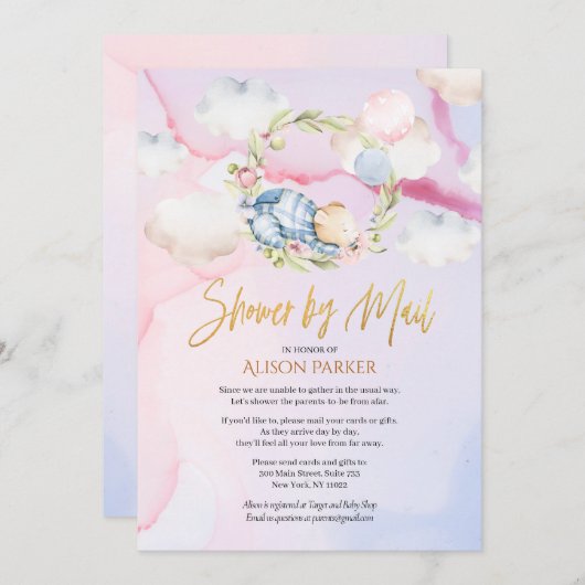 かわいいウッドランド熊ピンク色の空ベイビーシャワー(郵便) 招待状 (正面/裏面)