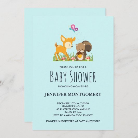 かわいいウッドランド生き物マンガベビーシャワー招待状 招待状 (正面/裏面)