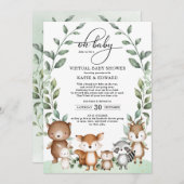 かわいいウッドランド緑の動物バーチャルベビーシャワー 招待状 (正面/裏面)