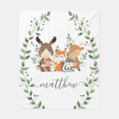 かわいいウッドランド緑の森の動物の少年子供部屋 フリースブランケット (正面)