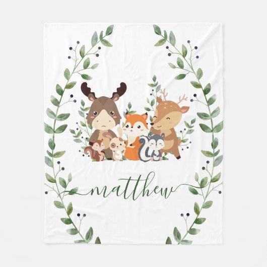 かわいいウッドランド緑の森の動物の少年子供部屋 フリースブランケット (正面)