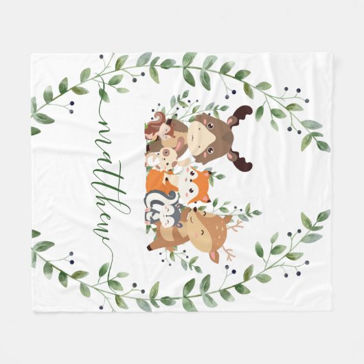 かわいいウッドランド緑の森の動物の少年子供部屋 フリースブランケット (正面(横))