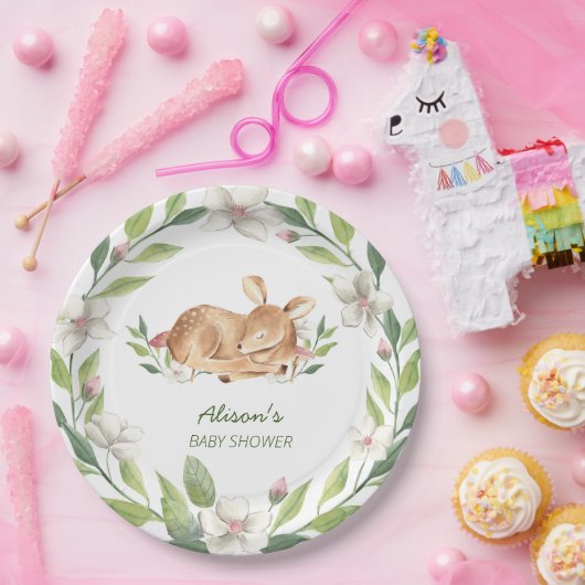 かわいいウッドランド鹿フローラ緑の赤ちゃんシャワー9" ペーパープレート (パーティー)