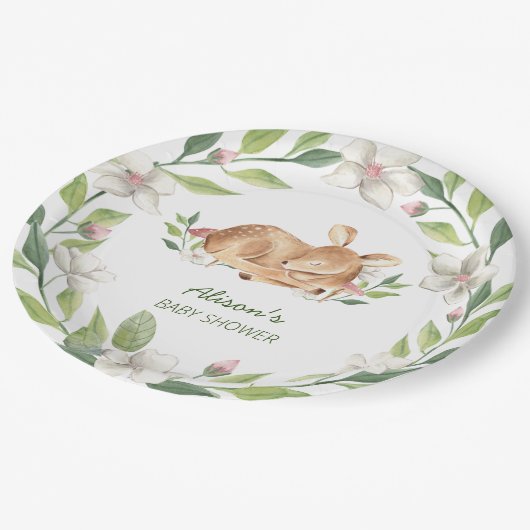 かわいいウッドランド鹿フローラ緑の赤ちゃんシャワー9" ペーパープレート (アングル)