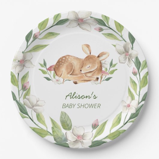かわいいウッドランド鹿フローラ緑の赤ちゃんシャワー9" ペーパープレート (正面)