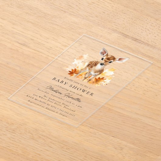 かわいいウッドランド鹿秋赤ちゃんシャワー アクリル招待状 (レイダウン)