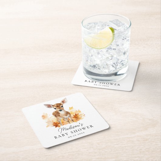 かわいいウッドランド鹿秋赤ちゃんシャワー スクエアペーパーコースター (インサイチュ)