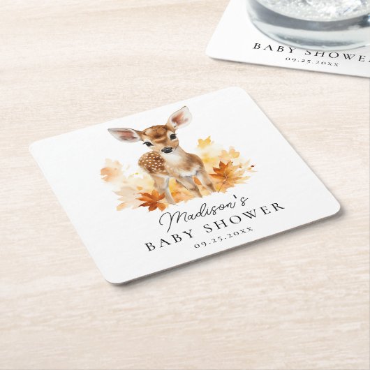 かわいいウッドランド鹿秋赤ちゃんシャワー スクエアペーパーコースター (アングル)