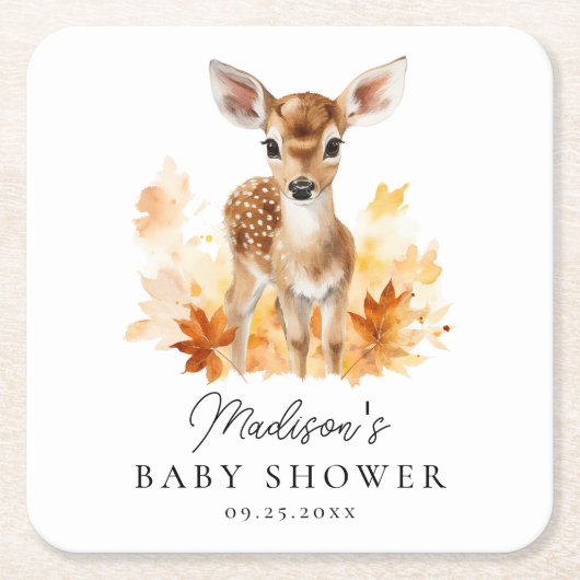 かわいいウッドランド鹿秋赤ちゃんシャワー スクエアペーパーコースター (正面)