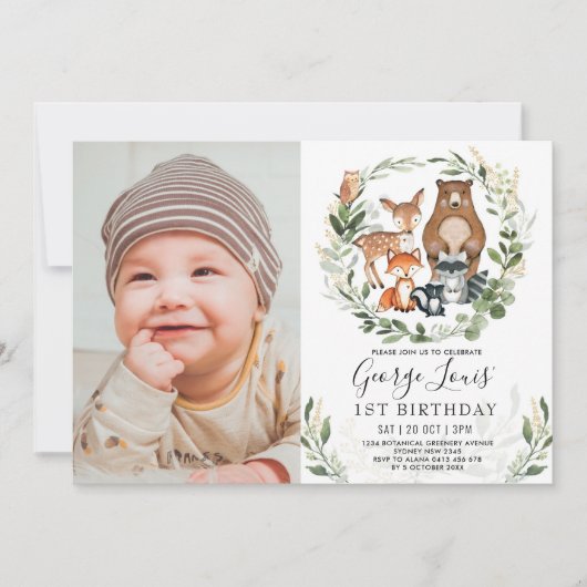 かわいいウッドランド1歳の誕生日の森の友人たちパーティー 招待状 (正面)