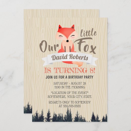 かわいいウッドランド·リトル·キツネの第8回誕生日パーティー 招待状 (正面/裏面)