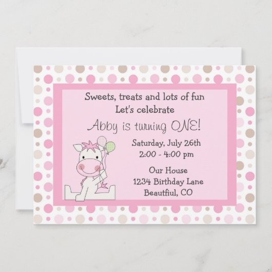 かわいいウマ1st誕生日招待状for Girls 招待状 (正面)