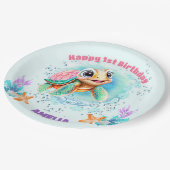 かわいいウミガメで女の子の最初の誕生日 ペーパープレート (アングル)
