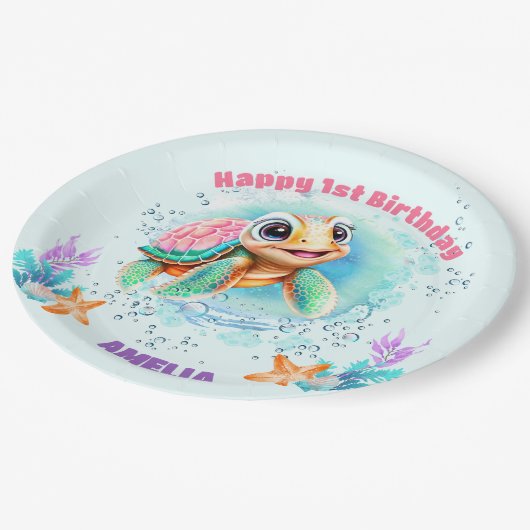 かわいいウミガメで女の子の最初の誕生日 ペーパープレート (アングル)