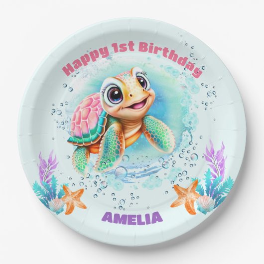 かわいいウミガメで女の子の最初の誕生日 ペーパープレート (正面)