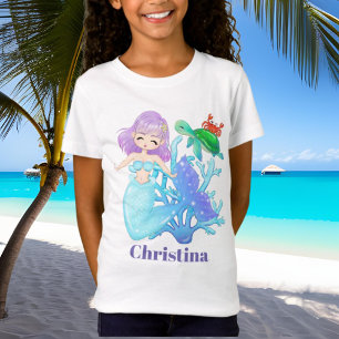かわいいウミガメと人魚にTシャツの名前を追加 Tシャツ