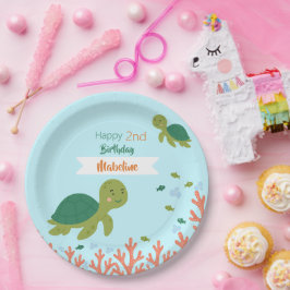 かわいいウミガメと緑の魚の誕生日パーティー ペーパープレート
