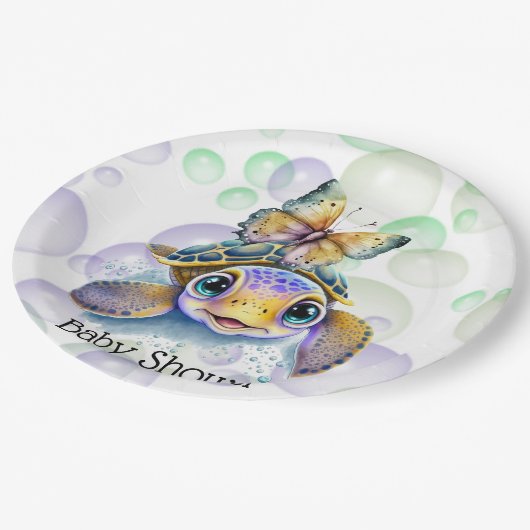 かわいいウミガメと蝶の赤ちゃんシャワー ペーパープレート (アングル)