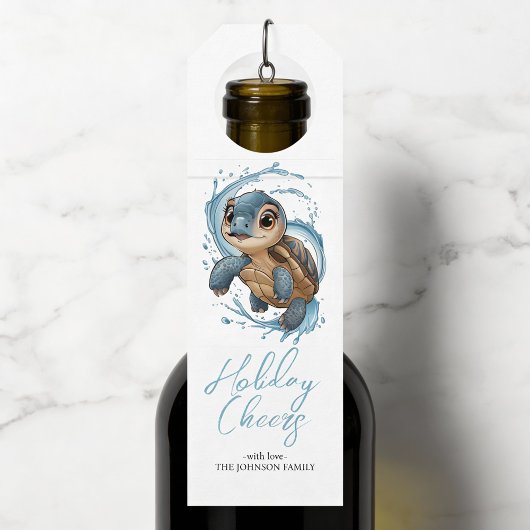 かわいいウミガメのクリスマスホリデーウォーター色 ボトルネックタグ