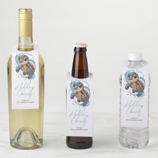 かわいいウミガメのクリスマスホリデーウォーター色 ボトルネックタグ (インサイチュ)