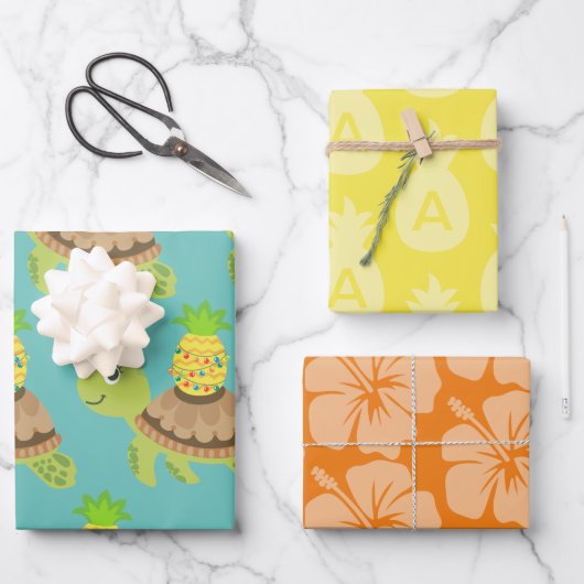 かわいいウミガメのクリスマス ラッピングペーパーシート (正面)