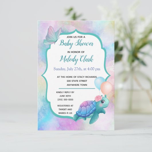 かわいいウミガメのパステル水の色ベビーシャワー カード (スタンド正面)