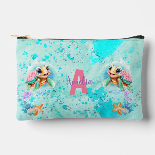 かわいいウミガメの女の子海ピンクターコイズ名 アクセサリーポーチ (正面)