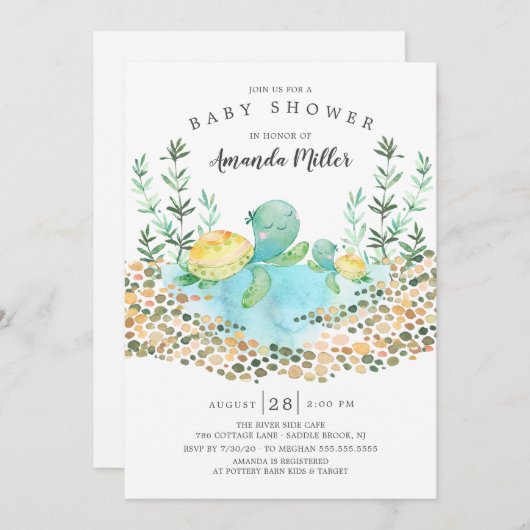 かわいいウミガメの海赤ちゃんシャワー 招待状 (正面/裏面)