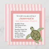 かわいいウミガメの誕生会の招待のピンク 招待状 (正面/裏面)