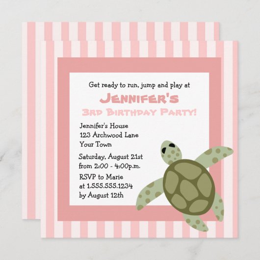 かわいいウミガメの誕生会の招待のピンク 招待状 (正面/裏面)