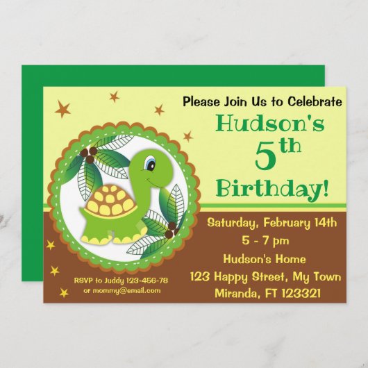 かわいいウミガメの誕生日の招待状 招待状 (正面/裏面)