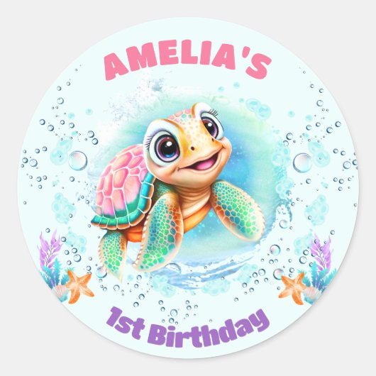 かわいいウミガメカラフルガール1stバースデーシール ラウンドシール (正面)