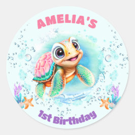 かわいいウミガメカラフルガール1stバースデーシール ラウンドシール