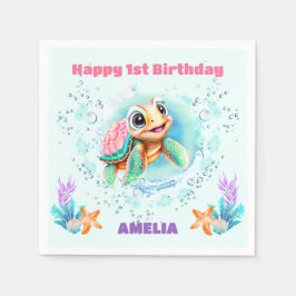 かわいいウミガメカラフル1stバースデーナプキンス スタンダードカクテルナプキン