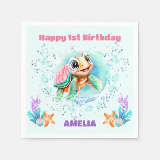 かわいいウミガメカラフル1stバースデーナプキンス スタンダードカクテルナプキン (正面)