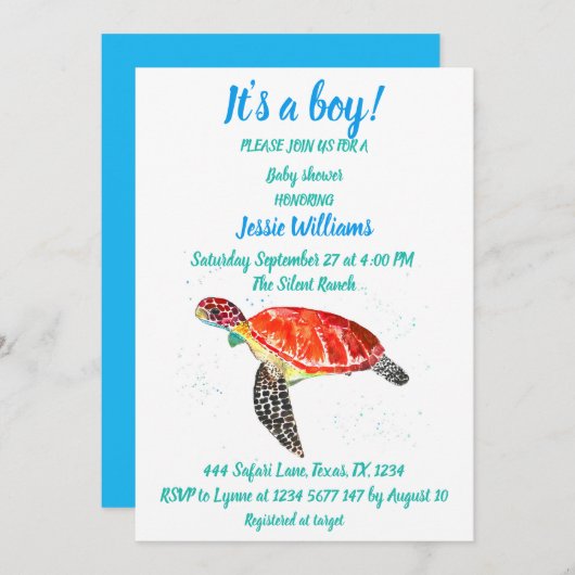 かわいいウミガメザシーブルー海男の赤ちゃん 招待状 (正面/裏面)