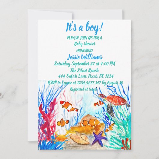 かわいいウミガメザシーブルー海男の赤ちゃん 招待状 (正面)