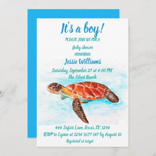 かわいいウミガメザシーブルー海男の赤ちゃん 招待状 (正面/裏面)