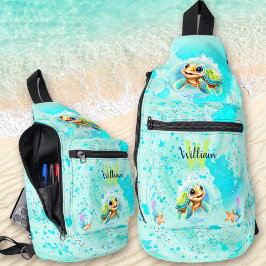 かわいいウミガメ少年海ターコイズモノグラム名 スリングバッグ