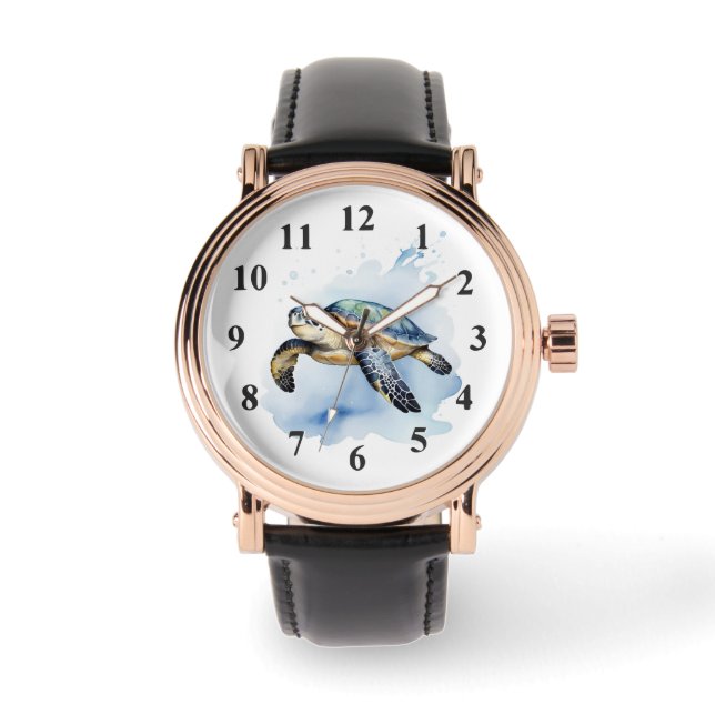 かわいいウミガメ水彩画海動物 腕時計 (正面)