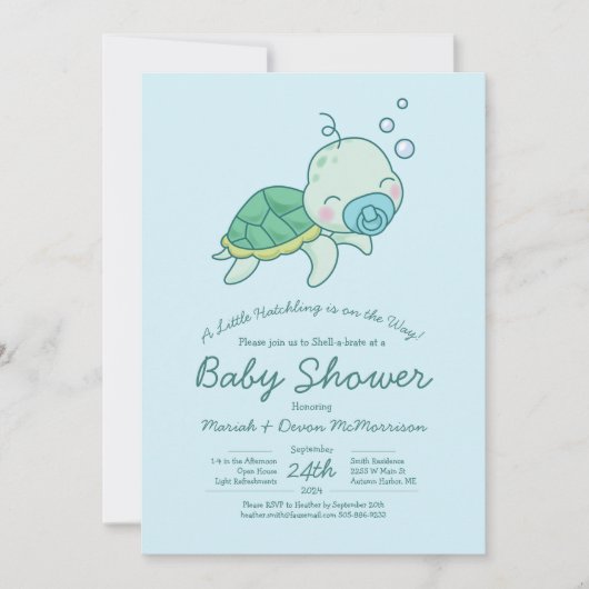 かわいいウミガメ赤ちゃんシャワーかわいいブルーボーイ 招待状 (正面)