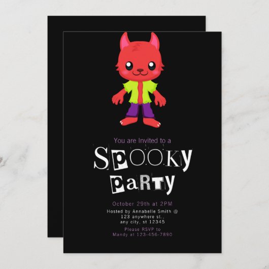 かわいいウルフマンモダンミニマルなハロウィーン 招待状 (正面/裏面)