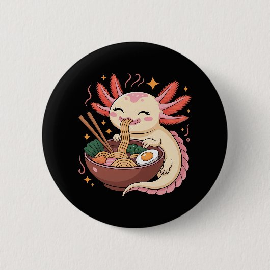 かわいいウーパールーパーがラーメンを食べる 缶バッジ (正面)