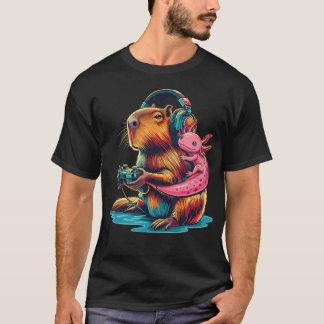 かわいいウーパールーパーとカピバラのビデオゲームの男性Tシャツ Tシャツ